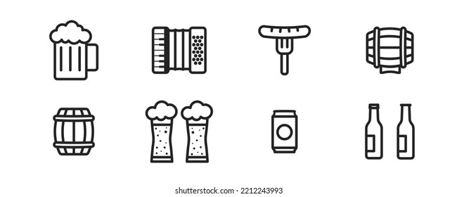 Octoberfest icon set on white background. Concept of pub. Bar signs. German food and beer symbol. Vector illustration. 