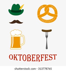 Octoberfest icon set: petzel, beer stein, sausage, hat. Oktoberfest beer festival design elements. Colorful vector illustration. 