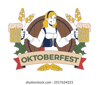 Logotipo de Octoberfest con la mujer feliz que sostiene el concepto de la ilustración de las tazas de cerveza 2D. Camarera caucásica en el personaje de dibujos animados del emblema aislado en blanco. Gráfico de Vector plano abstracto de metáfora de Festiva