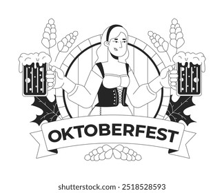 Octoberfest logo with happy woman holding beer mugs black and white 2D illustration concept. Caucasian female waiter on emblem outline character isolated. Holiday metaphor monochrome vector art