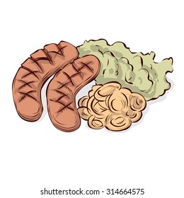 Octoberfest menu, plate of sausages and sauerkraut. Oktoberfest meal. Hand drawn vector illustration.