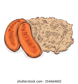 Octoberfest menu, plate of sausages and sauerkraut. Oktoberfest meal. Hand drawn vector illustration.