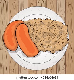 Octoberfest menu, plate of sausages and sauerkraut. Oktoberfest meal. Hand drawn vector illustration.