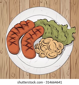 Octoberfest menu, plate of sausages and sauerkraut. Oktoberfest meal. Hand drawn vector illustration.