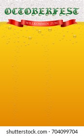 Octoberfest menu template. Octoberfest and Willkommen Zum text on beer background. Vector illustration.