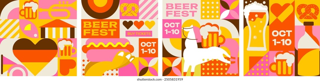 Octoberfest mosaic modern design.
Pretzels, hot dog, beer mugs, festive atmosphere and lots of beer. 
Set of editable templates for social media, event flyers, posters, patterns and more