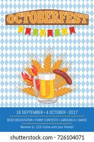 Octoberfest or Oktoberfest promo poster with checkered backdrop. Glass of beer with grilled sausage on folk and cooked crayfish at ears of wheat vector