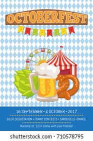 Octoberfest or Oktoberfest promotional poster with checkered backdrop. Glass of beer, traditional bakery, attraction tents and beers symbol hop.