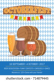 Octoberfest or Oktoberfest promotional poster with checkered backdrop. Beer degustation vector illustration on background of decorative flags
