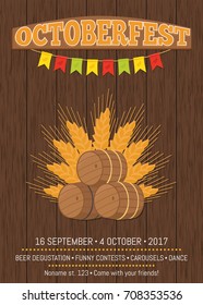 Octoberfest or Oktoberfest promotional poster with wood backdrop. Wooden barrels with beer vector of hollow cylindrical containers on ears of wheat