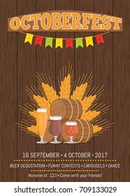Octoberfest or Oktoberfest promotional poster with wooden backdrop. Beer degustation vector illustration on background of ears of wheat