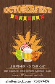 Octoberfest or Oktoberfest promotional poster with wooden backdrop. Glass of beer, traditional bakery, attraction tents and beer symbol hop.
