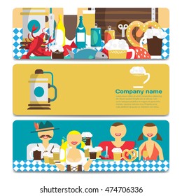 Octoberfest party flyer. Man and woman drinking beer with friends in national costumes. Vector flat cartoon illustration 