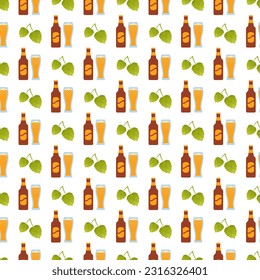 Octoberfest pattern with brown beer bottles, beer glasses and hop. Oktoberfest seamless background. Germany traditional texture. Prints. Bavarian diamond wallpaper. Vector. Color illustration