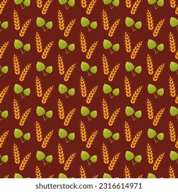 Octoberfest pattern with ears of wheat and hop. Germany traditional texture. Oktoberfest seamless brown background. Prints. Bavarian diamond wallpaper. Vector illustration