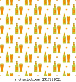 Octoberfest pattern with green beer bottles and glasses of beer. Oktoberfest seamless background. Germany traditional texture. Prints. Bavarian diamond wallpaper. Vector. Color illustration