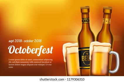 octoberfest poster and banner template. Bottle and glass beer.