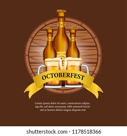 Octoberfest poster with beer glass and bottle with circle wood emblem template.