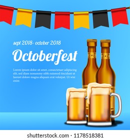 Octoberfest poster with beer glass and bottle with blue background template.