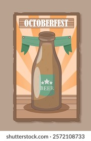 Octoberfest poster concept. Brown glass bottle with beer. Traditional german holiday and festival. Alcoholic drink and beverage. Cover or banner. Flat vector illustration isolated on grey background