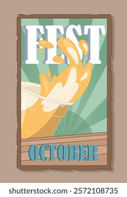 Octoberfest poster concept. Glass with beer. Traditional german holiday and festival. Alcoholic drink and beverage. Booklet or leaflet. Flat vector illustration isolated on grey background