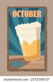 Octoberfest poster concept. Glass with beer. Traditional german holiday and festival. Alcoholic beverage. Hop product. Template and layout. Flat vector illustration isolated on grey background