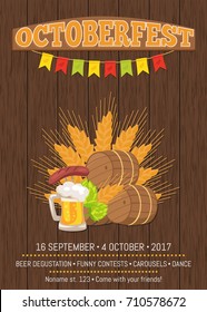 Octoberfest poster. Isolated vector illustration of wooden barrels, ripe wheat ears, fried sausage on carving knife, green cabbage and frothy beer mug