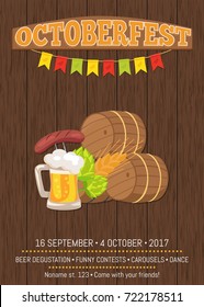 Octoberfest poster with wooden background and text. Isolated vector illustration of wooden casks, beer mug, fried sausage, green hop and wheat ear