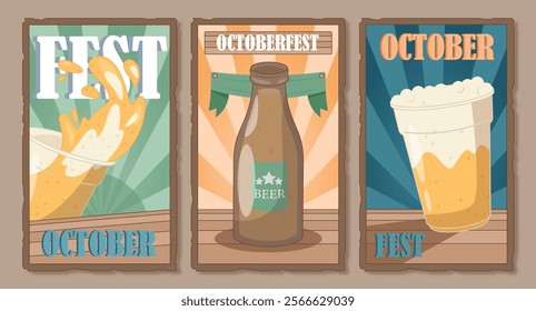 Octoberfest posters set. Glass bottle with beer. Brewery and alcoholic drink. Traditional German holiday. Alcoholic beverage. Flat vector collection isolated on brown background