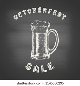 Octoberfest sale - chalk drawing of a glass mug with beer and beer foam overflowing over the edge on chalkboard. Hand drawn sketch in vintage engraving style. Vector illustration for Oktoberfest
