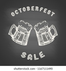 Octoberfest sale - poster with wooden mugs with beer and beer foam overflowing over the edge on chalkboard. Hand drawn sketch in vintage engraving style. Vector illustration