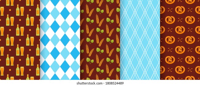 Octoberfest seamless pattern. Oktoberfest background. Vector. Textures with rhombus, beer, pretzel, wheat, hop and argyle. Bavarian diamond print. Color illustration. Germany traditional wallpaper.