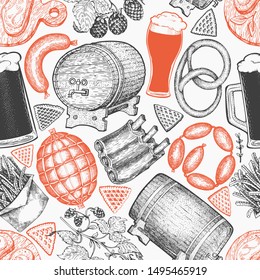 Octoberfest seamless pattern. Vector hand drawn illustrations. Greeting Beer festival design in vintage style. Autumn background.