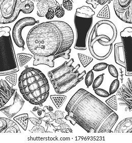 Octoberfest seamless pattern. Vector hand drawn illustrations. Greeting Beer festival design in retro style. Autumn background.