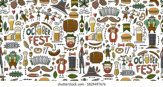 Octoberfest. Seamless pattern for your design. Beer party icons collection. Vector illustration