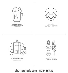Octoberfest series: modern line vector collection of beer logotypes with sample text. Beer mugs, beer bottles, barrels and brewing process. Unique and modern set isolated on background.
