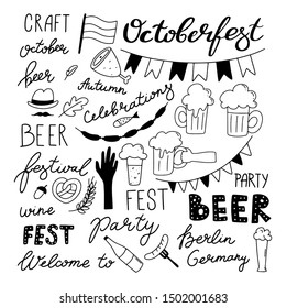 Octoberfest set. calligraphy hand lettering with traditional symbols.Munich beer festival. Hand drawn vector illustration for your logo design,poster,banner,flyer,brochure,etc.