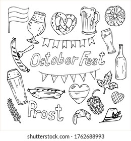 Octoberfest set of vector icons, outline, beer glass, hop,sausage, flags decorations isolated