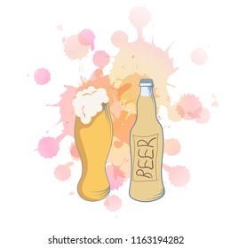 Octoberfest subjects. A bottle of beer and a glass. Cartoon style, watercolor back. Octoberfest subjects. Modern cartoon set with octoberfest subjects. Vector illustration. Vector alphabet