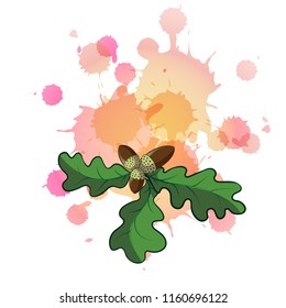 Octoberfest subjects. Oak leaves with acorns. Cartoon style, watercolor back. Octoberfest subjects. Modern cartoon set with octoberfest subjects. Vector illustration. Vector alphabet