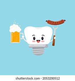 Octoberfest teeth with beer and sausage icon isolated. Dentist cute tooth implant character with glass beer and grilled sausage on fork. Flat design cartoon vector clip art illustration.