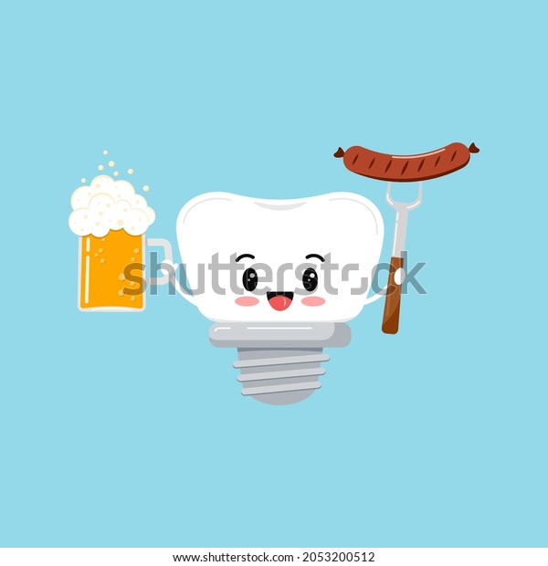 Octoberfest\
teeth with beer and sausage icon isolated. Dentist cute tooth\
implant character with glass beer and grilled sausage on fork. Flat\
design cartoon vector clip art\
illustration.