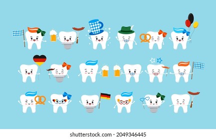 Octoberfest teeth cute icon set isolated. Dentist cute tooth, crown, implant, with braces german character with beer, pretzel, hat, photo booth props. Flat design cartoon vector clip art illustration.