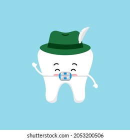 Octoberfest teeth in german hat with feather icon isolated. Dentist cute white tooth with braces character with green hat. Flat design cartoon vector clip art illustration.
