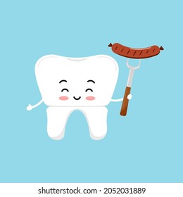 Octoberfest tooth with sausage on a fork cute icon isolated. Dentist white teeth crown character with grilled sausage on a fork. Flat design cartoon vector clip art illustration.