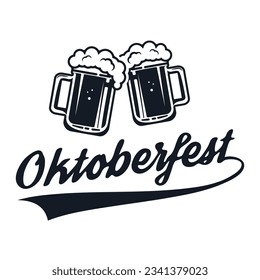 Octoberfest. Two vintage beer mug isolated on white background. Design element for flyer or poster. Vector illustration.