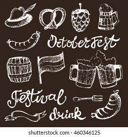 Octoberfest. Vector  beer glasses and mugs, hat, barrel, hops, flag, fork, pretzels,  frankfurter in hand drawn style. Drink beer. Vector illustration.
