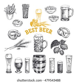 Octoberfest vector set. Beer products. Illustrations in sketch style. Hand drawn design elements.