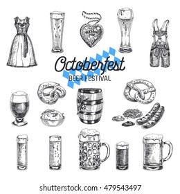 Octoberfest vector set. Beer products. Illustrations in sketch style. Hand drawn design elements.