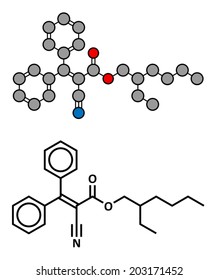 Octocrylene sunscreen molecule. Stylized 2D rendering and conventional skeletal formula.